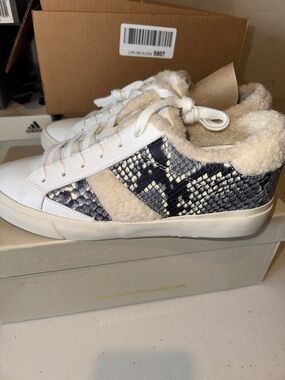Marc Fisher White Sneakers with Black Snake-Print and Cream Shearling